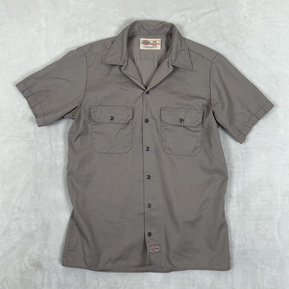 VTG Dickies Work Shirt Mens Medium Gray Solid Short Sleeve Button Front Workwear